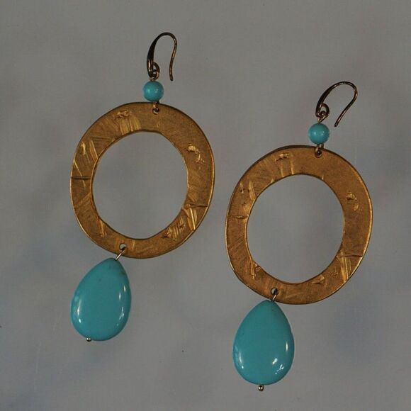 Hoop Earrings Blue Enamelled Accents Cut Out Disc Gold Tone Dangle - Picture 2 of 4